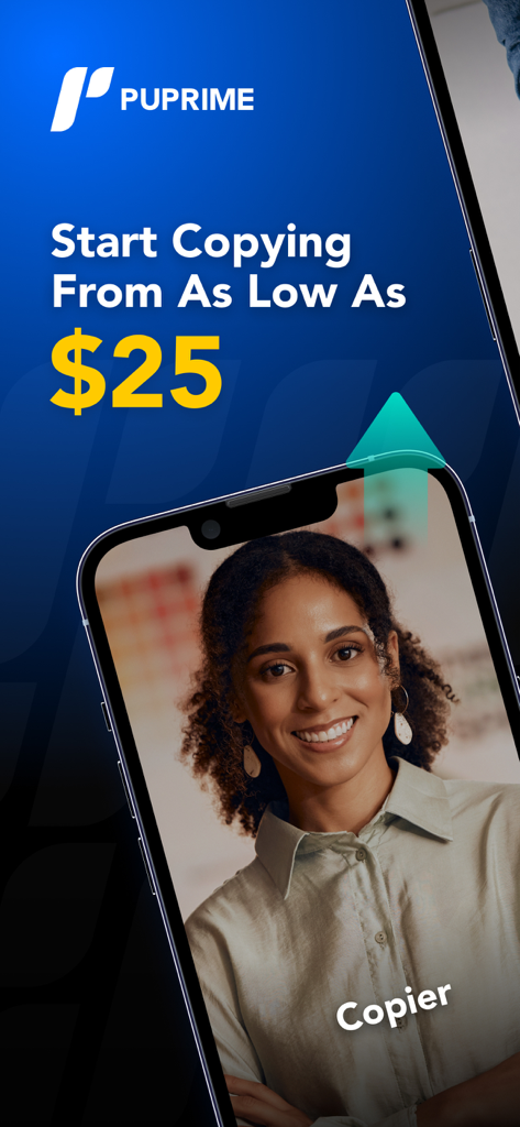 PU Prime - Forex Trading - PU Primeモバイルアプリのスクリーンショット、25ドルからのコピートレードを宣伝