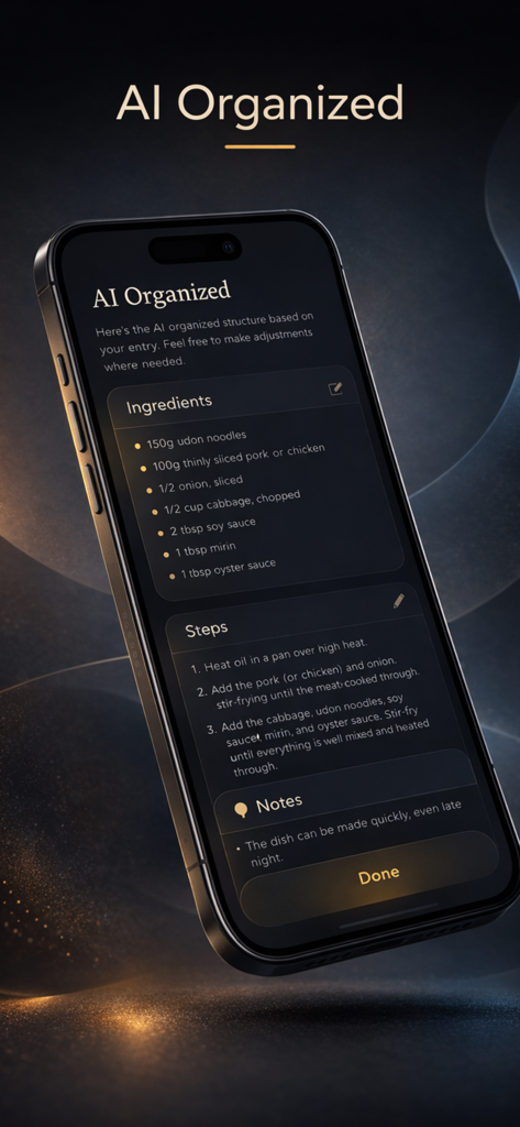 Solodish: Personal Recipe Book - A smartphone showing a recipe for udon noodles automatically structured and organized by AI with clear sections for ingredients and steps.