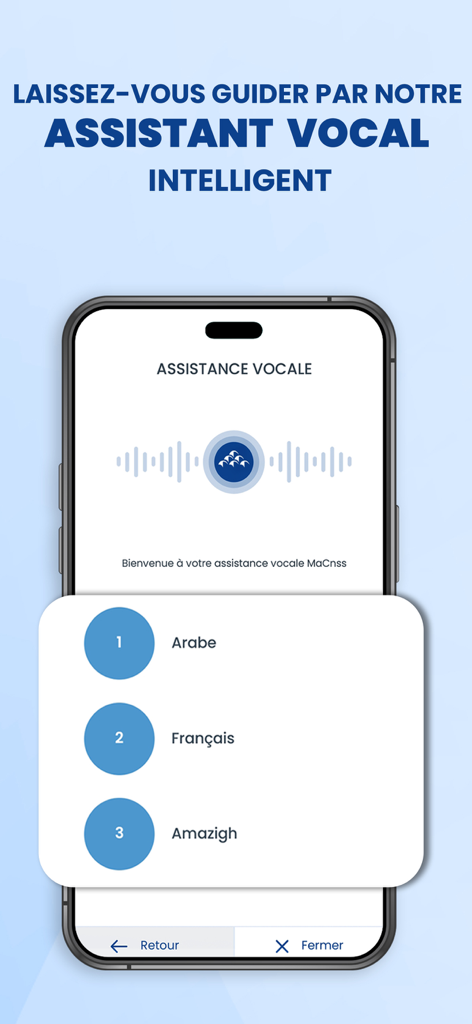 Interface of the Ma CNSS mobile application showing the intelligent voice assistant feature with language selection options for Arabic French and Amazigh