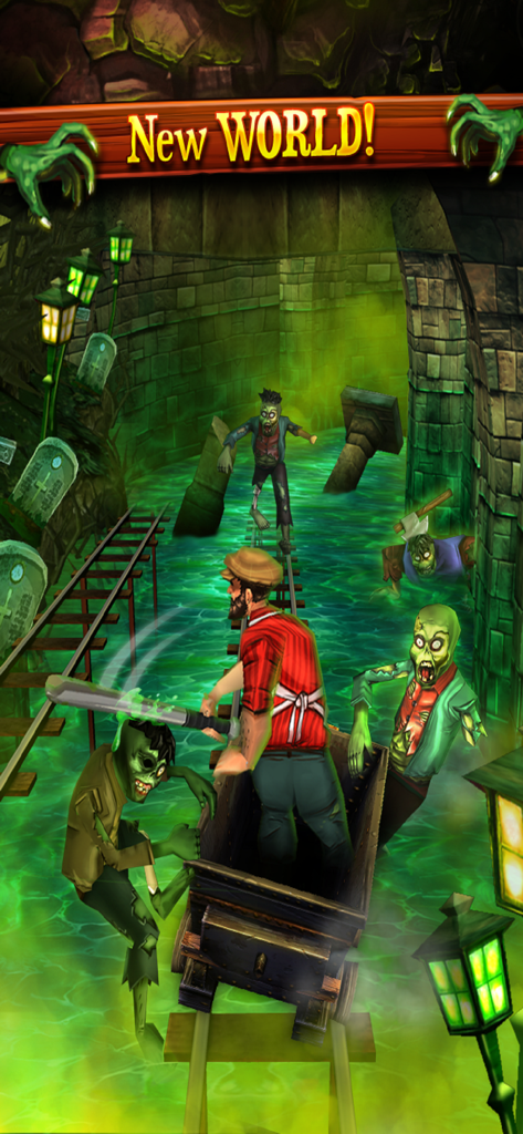 Rail Rush gameplay showing a character in a mine cart fighting zombies in the new Zombie Caves world