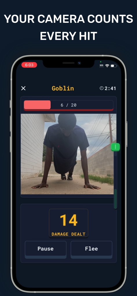 PUPG - Push Up PlayGround - iPhone screen showing the PUPG app using the camera to count push-up reps as damage dealt in a gamified goblin battle.