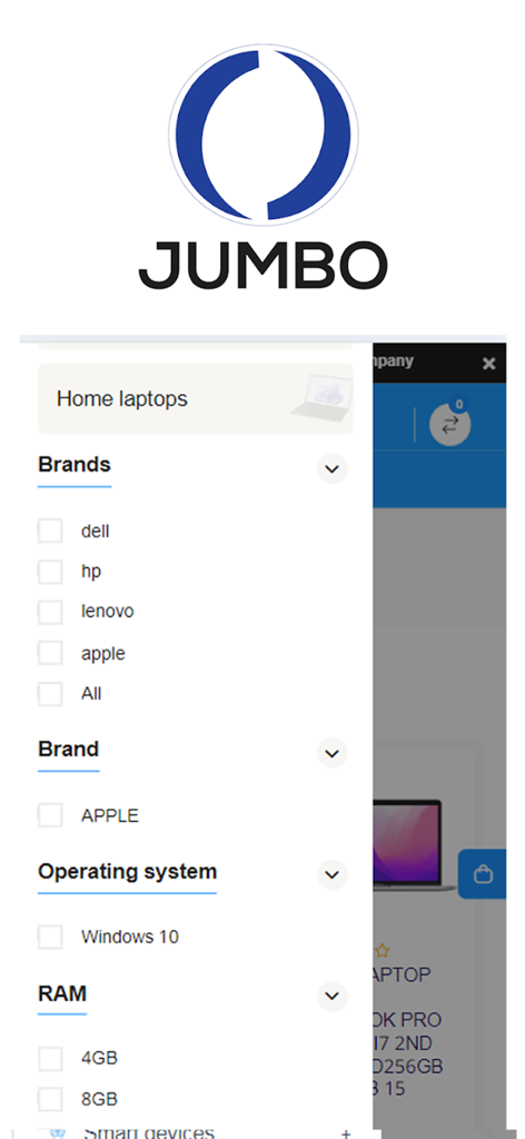 Jumbo International - Tela móvel do aplicativo Jumbo International mostrando filtros para marcas e especificações de laptop