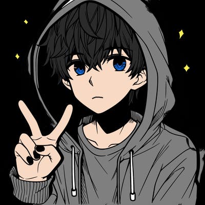 teenage manga boy in a hoodie, doing ✌