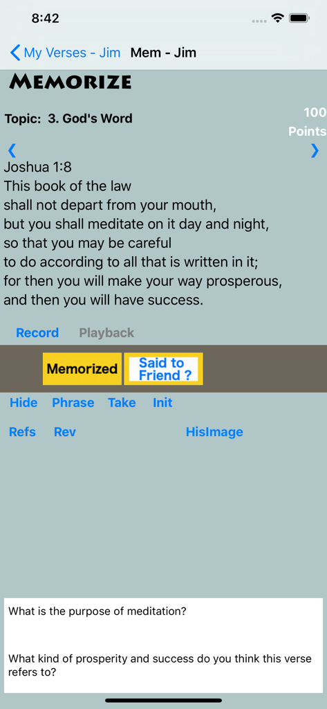 NavsTMS - NavsTMS app interface showing Joshua 1 8 for scripture memorization and study questions