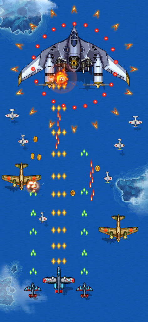 Retro arcade shooter gameplay showing a WWII plane boss fight over the ocean