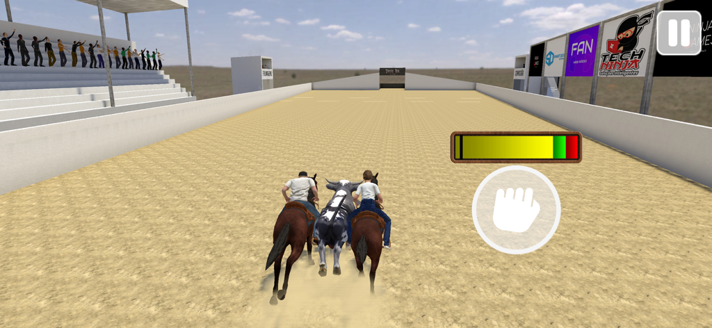 Valeu Boi: O Jogo da Vaquejada - Two cowboys on horseback chasing a bull in a Vaquejada sports simulation game.