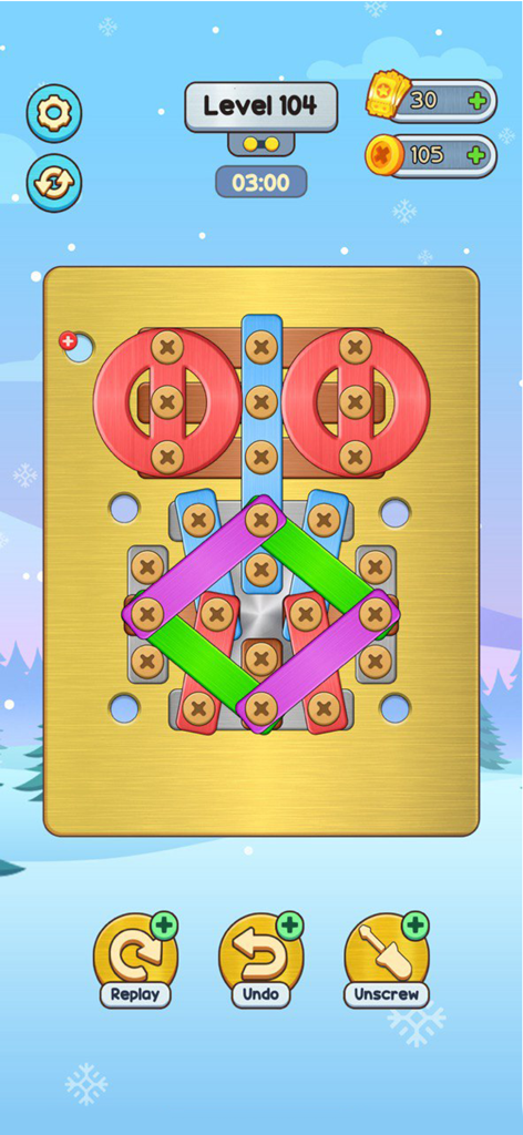 Unscrew Master: Nuts & Bolts - Ein Logik-Rätsel-Level in Unscrew Master Nuts and Bolts mit bunten Platten und Schrauben auf einer goldenen Tafel