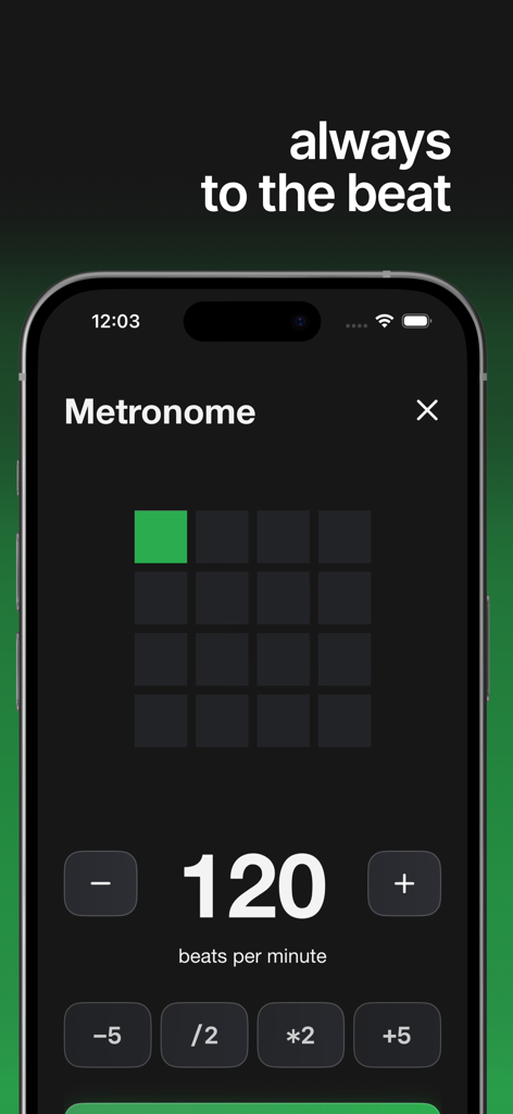 RiffKit Guitar Chord Generator - Uma interface de smartphone mostrando o recurso de metrônomo RiffKit definido para 120 batidas por minuto com uma grade visual de batidas
