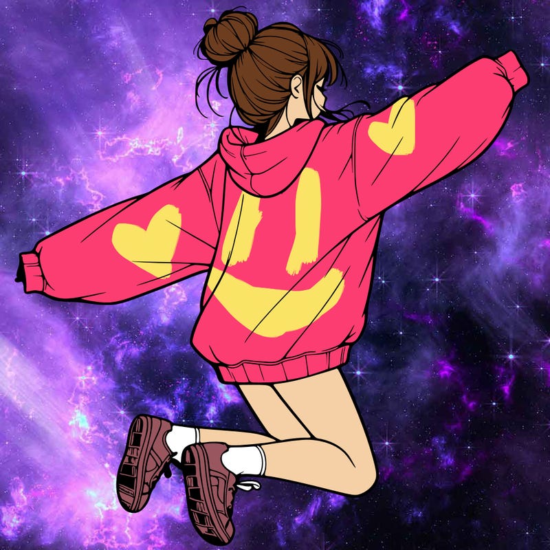 realistic girl jumping with a bun and oversized sweatshirt
