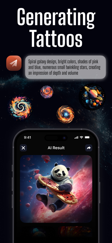 AI Tattoo Design: Tattoo Maker - AI Tattoo Design app interface showing a text prompt and generated tattoo artwork of a panda in space