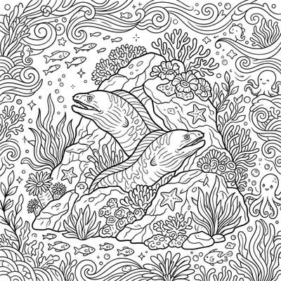 Discover the vibrant beauty of an underwater spring with this unique coloring page featuring two majestic moray eels. Explore a world teeming with coral, marine flora, and playful ocean creatures, waiting for your creative touch.