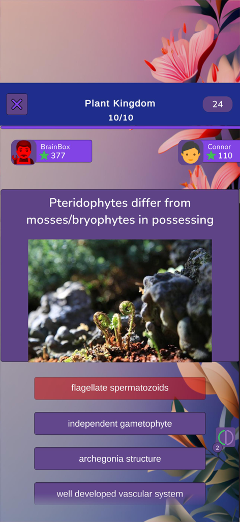 Botany Knowledge Quiz - 植物界に関する問題が表示された、植物学知識クイズアプリのマルチプレイヤークイズ画面。