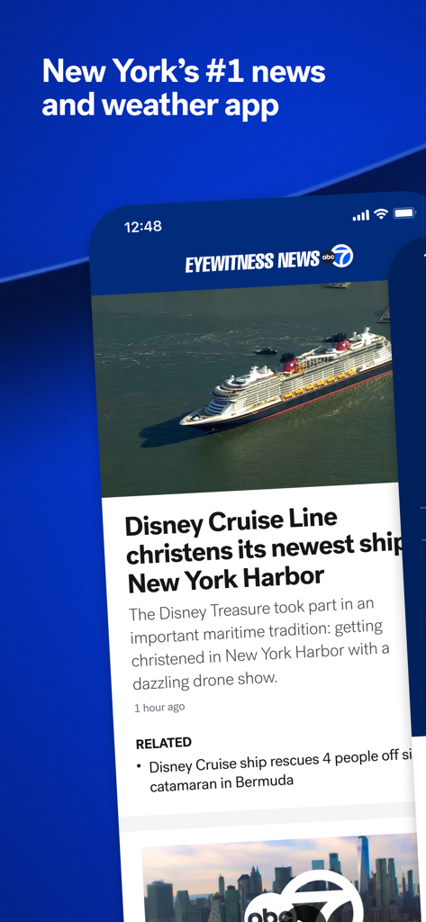 ABC 7 New York - ABC 7 New York Eyewitness News app interface showing a local news story about a Disney cruise ship in New York Harbor