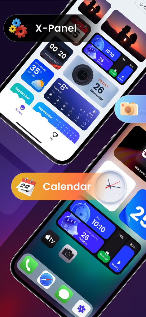 Customized iPhone home screens with aesthetic widgets for clock calendar and device information