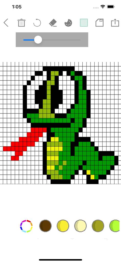 Pixel Art - draw with dots - Eine grüne Schlangenfigur auf einem Raster in der Pixel-Art-Zeichen-App