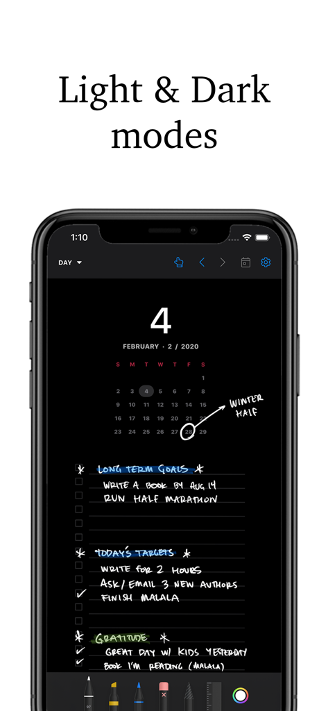 Pencil Planner App im Dark-Mode mit handgeschriebenen Notizen und Tageszielen
