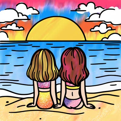 two girls that are at the beach and watching the sunset