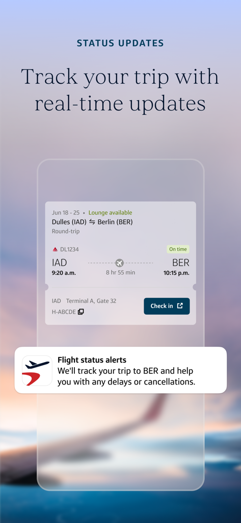 Capital One Travel app screen showing real-time trip updates and flight status alerts for a flight from Dulles to Berlin.