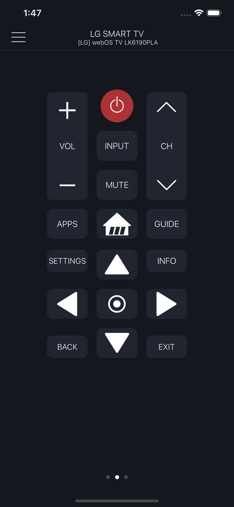 Digital remote control interface of the Smartify app for LG Smart TV.
