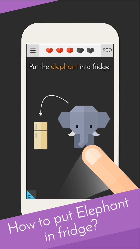 Ein Rätsel aus dem mobilen Spiel Tricky Test 2 mit der Frage, wie man einen Elefanten in einen Kühlschrank bekommt.