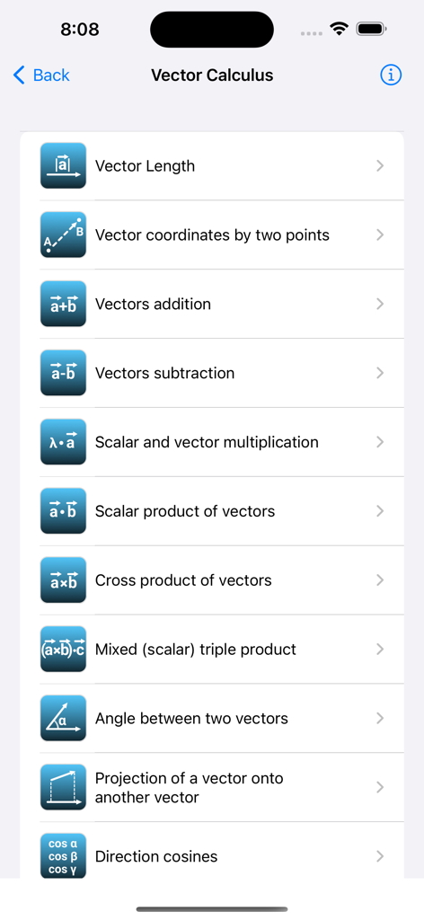 Math Solver Pro - Mathe-Löser Pro App-Oberfläche, die die Liste der Themen für Vektorrechnung mit verschiedenen Vektoroperationen zeigt.