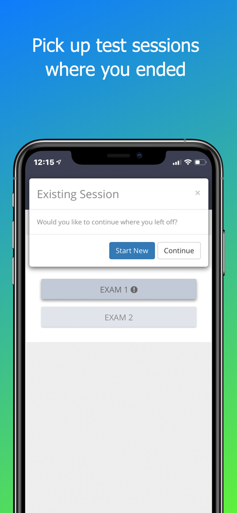 EMT PASS (new) - A smartphone display showing a popup to continue or start a new NREMT practice exam session in the EMT PASS app.