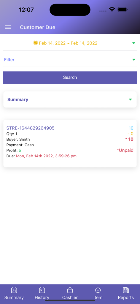 Ez POS - Online Cashier App - Ez POS app screen showing customer due report with unpaid transaction details
