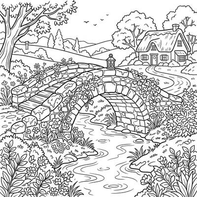 Step into a world of rustic charm with this delightful arch bridge coloring page, imbued with the cozy spirit of cottagecore. Imagine yourself in a serene pastoral landscape, ready to bring vibrant life to every detail.