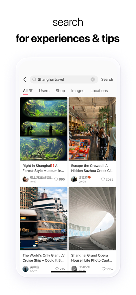 L'interface de l'application mobile Rednote affiche des résultats de recherche pour des voyages à Shanghai, avec des photos lifestyle et des conseils de la communauté.