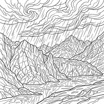 Immerse yourself in a powerful natural scene featuring vast glaciers and rugged mountains enveloped by a rainy day. This intricate coloring page invites you to explore the dramatic beauty of ice, water, and stormy skies.