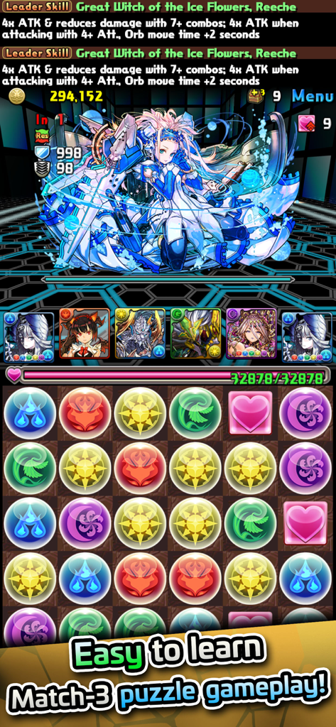 Una pantalla de batalla de Puzzle and Dragons que muestra la cuadrícula de orbes match-3 y un monstruo jefe de anime.