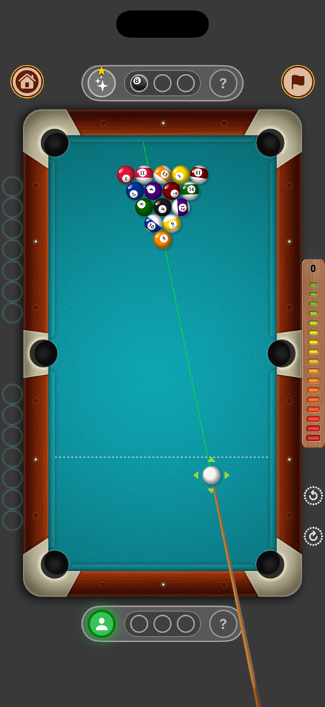 Pool - 8 Ball, 9 Ball & Solo - Top down view of a pool table with balls racked for the opening break shot in a mobile game
