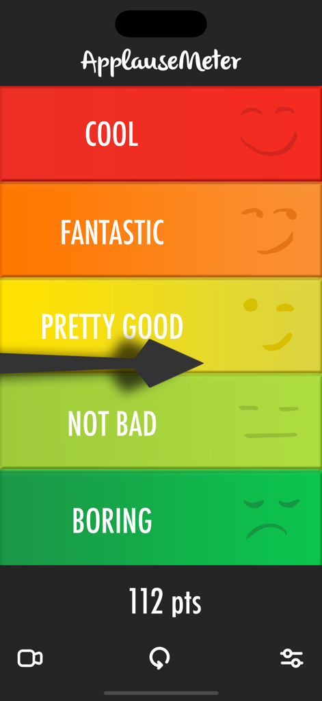 Applausemeter (clap-o-meter) - A colorful clap-o-meter interface showing noise levels from boring to cool with animated faces and a score of 112 points