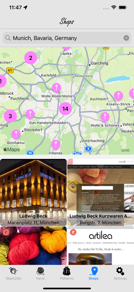 Stash2Go - Uma visualização de mapa no aplicativo Stash2Go mostrando lojas de fios locais e detalhes das lojas.