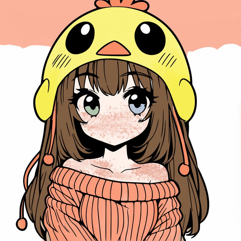 anime girl with chick shaped hat with sweater with bare shoulders with bangs covering them one eye with low tail
