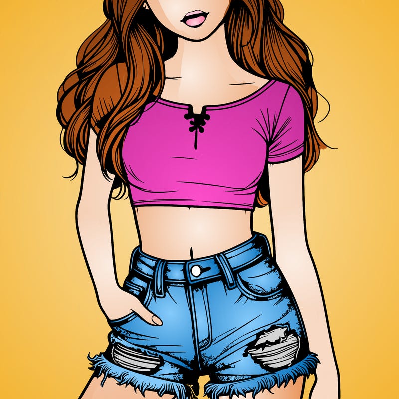 realistic girl with a crop top and ripped jean shorts
