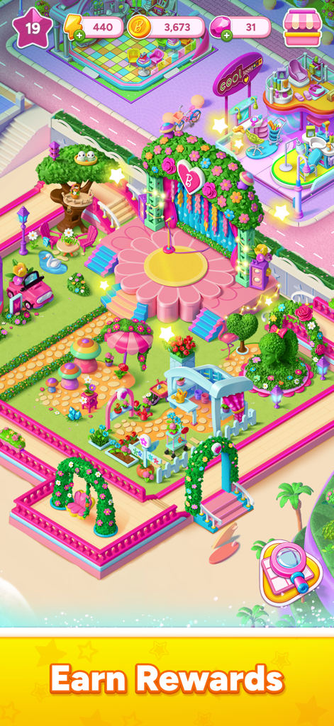 Barbie™ Merge Mystery - Una colorida renovación de jardín temática de Barbie en Barbie Merge Mystery con el subtítulo Gana Recompensas