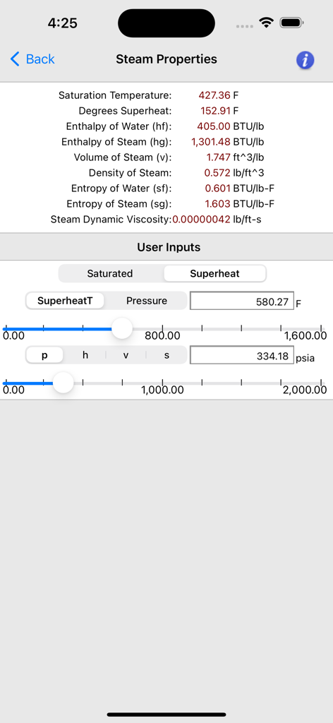Steam Tables app screen showing superheated steam properties and slider controls for temperature and pressure.