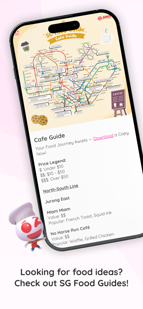 WINK plus app screen displaying a Singapore Cafe Guide with an MRT map and local cafe recommendations