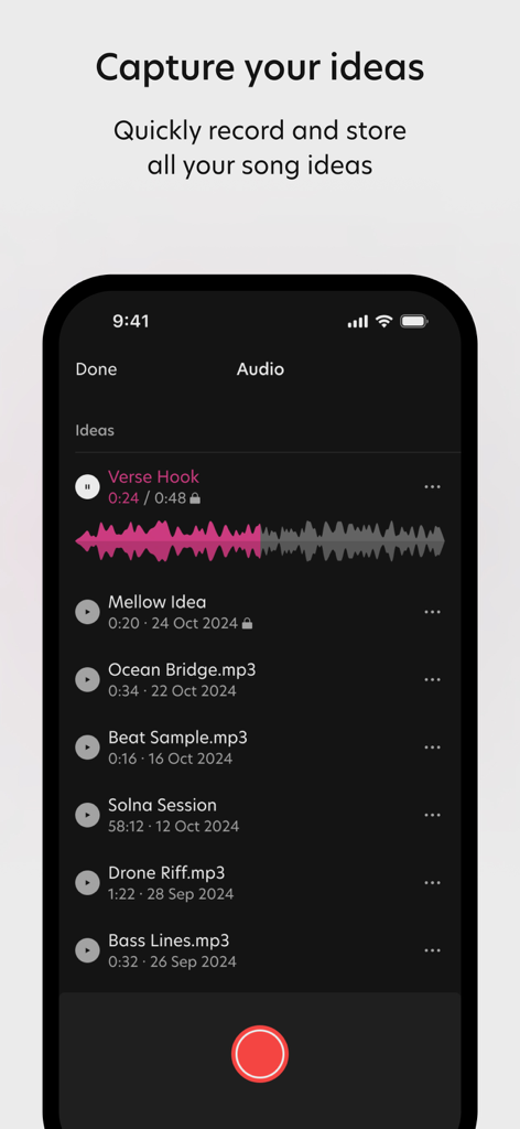 Session Studio - Session Studio mobile app interface displaying a list of recorded audio song ideas with waveforms and a recording button