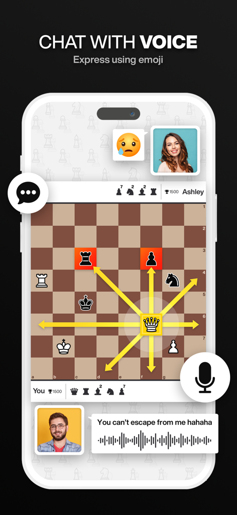 Royal Chess -Online Board Game - A mobile screen showing the Royal Chess app with voice chat and emoji features during an online match