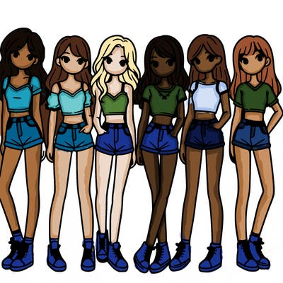 a group of girls wearing crop tops and shorts