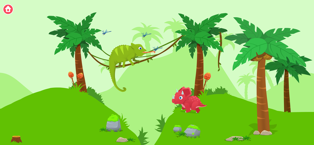 Dinosaur Park - Games for kids - カラフルなジャングルのシーンで、赤いトリケラトプスと緑のカメレオン。