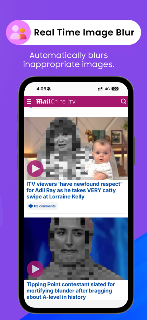 Kahf Browser - Un écran de smartphone affichant l'application Kahf Browser utilisant l'IA pour flouter automatiquement les images inappropriées sur un site d'actualités pour une navigation sûre et éthique