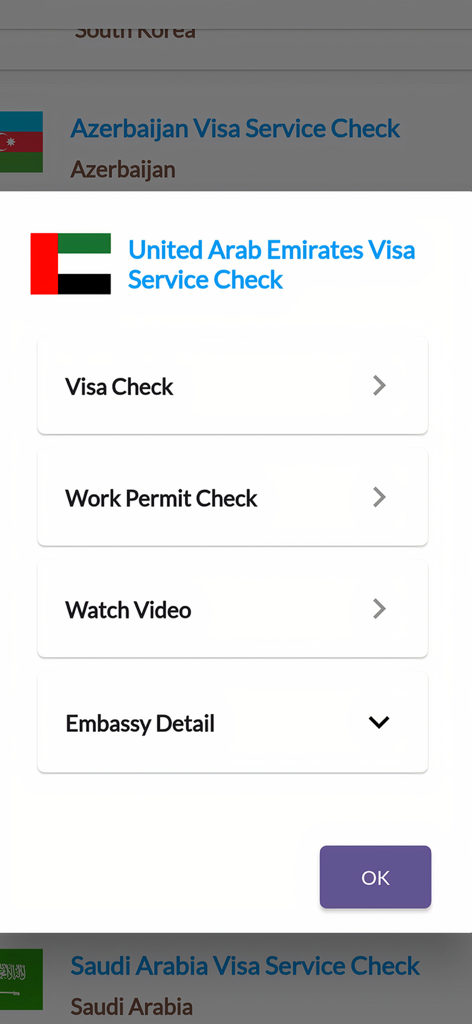 Kamko - Menu di controllo visti e permessi di lavoro degli Emirati Arabi Uniti nell'app Kamko