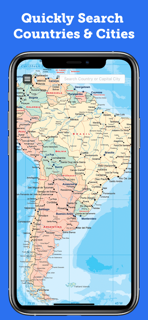 World Map Pro Edition - iPhone mostrando la aplicación Edición Pro Mapa Mundial con un mapa detallado de Sudamérica y una barra de búsqueda de países