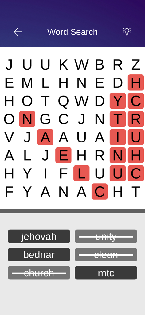 A word search puzzle screen from the LDS Quiet Games app with gospel themed words