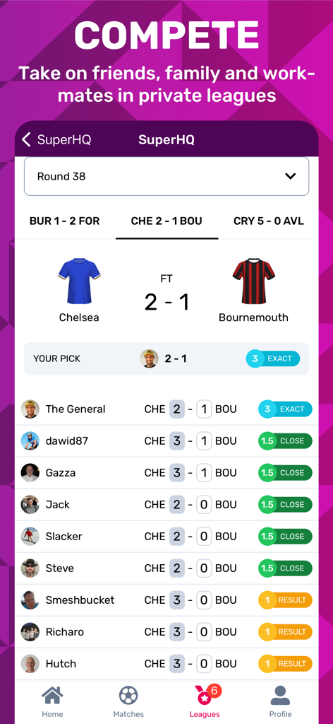 Superbru Football - A leaderboard screen in the Superbru Football app showing friends competing in a private soccer score predictor league