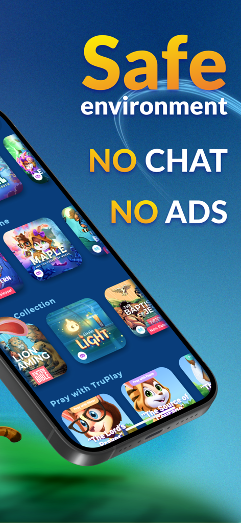 TruPlay Christian Games - Smartphone displaying the TruPlay app interface with text highlighting a safe environment with no chat and no ads.