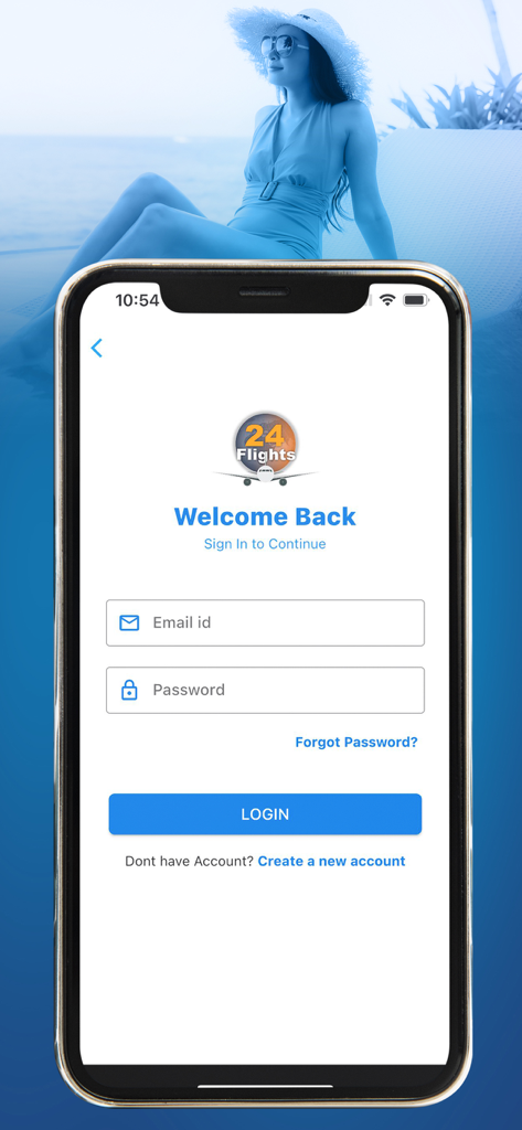 Login screen of the 24 Flights travel app featuring email and password input fields